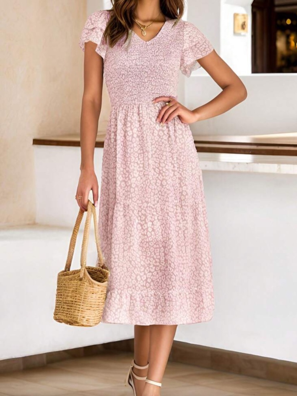 NEW!! SHEIN Pale Pink Smocked Midi Dress with Ruffled Sleeves